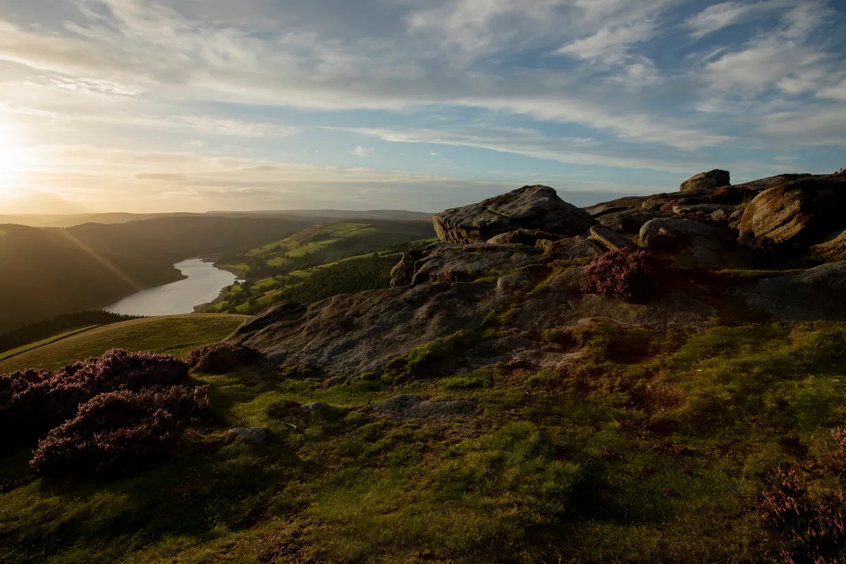 Sunset over a beautiful summers day at Derwent Edge in the Peak District, Derbyshire