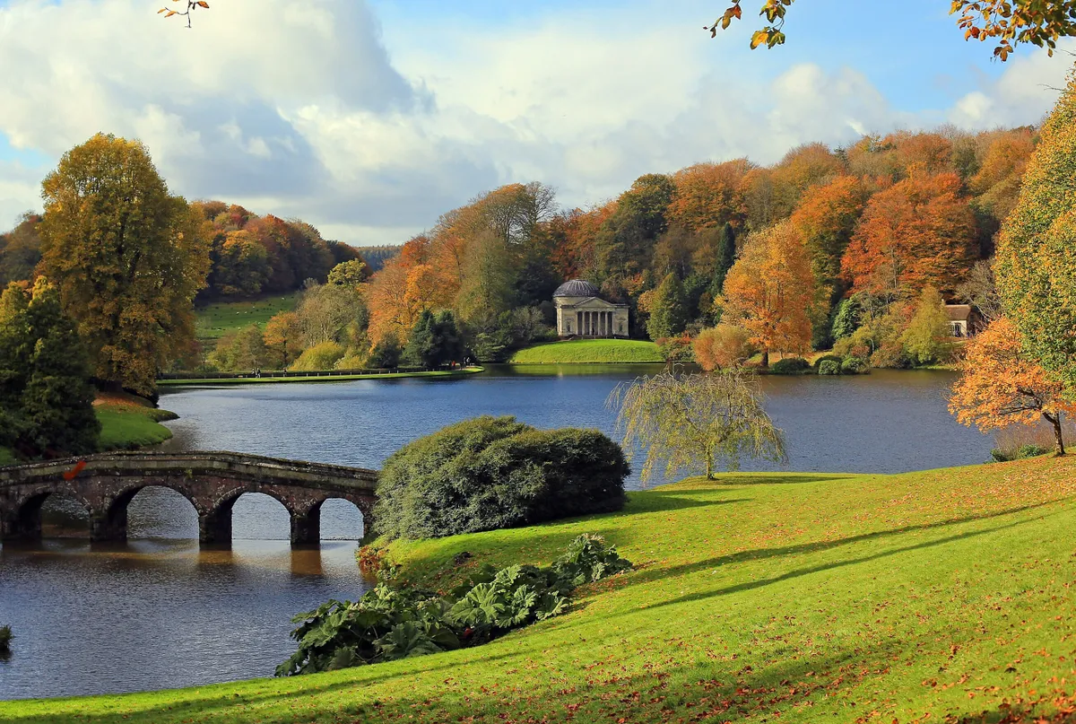 Bridge and Pantheon at the National Trust's Stourhead with glorious autumn colours