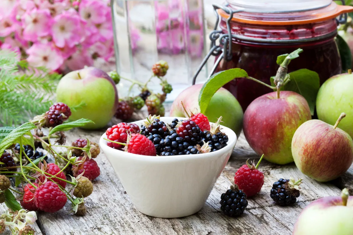 Fruits and jam pot
