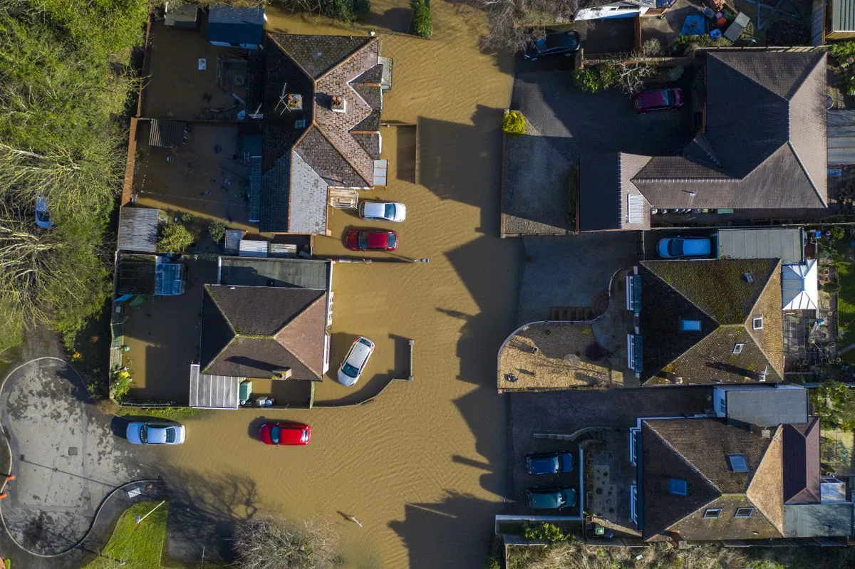 An aerial view showing flooding from the River Wye following Storm Dennis