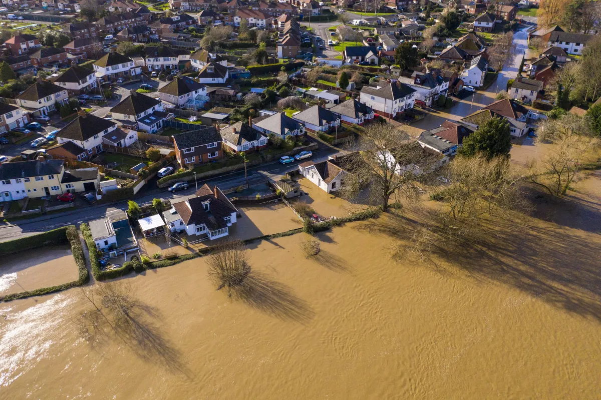 An aerial view showing flooding from the River Wye following Storm Dennis 