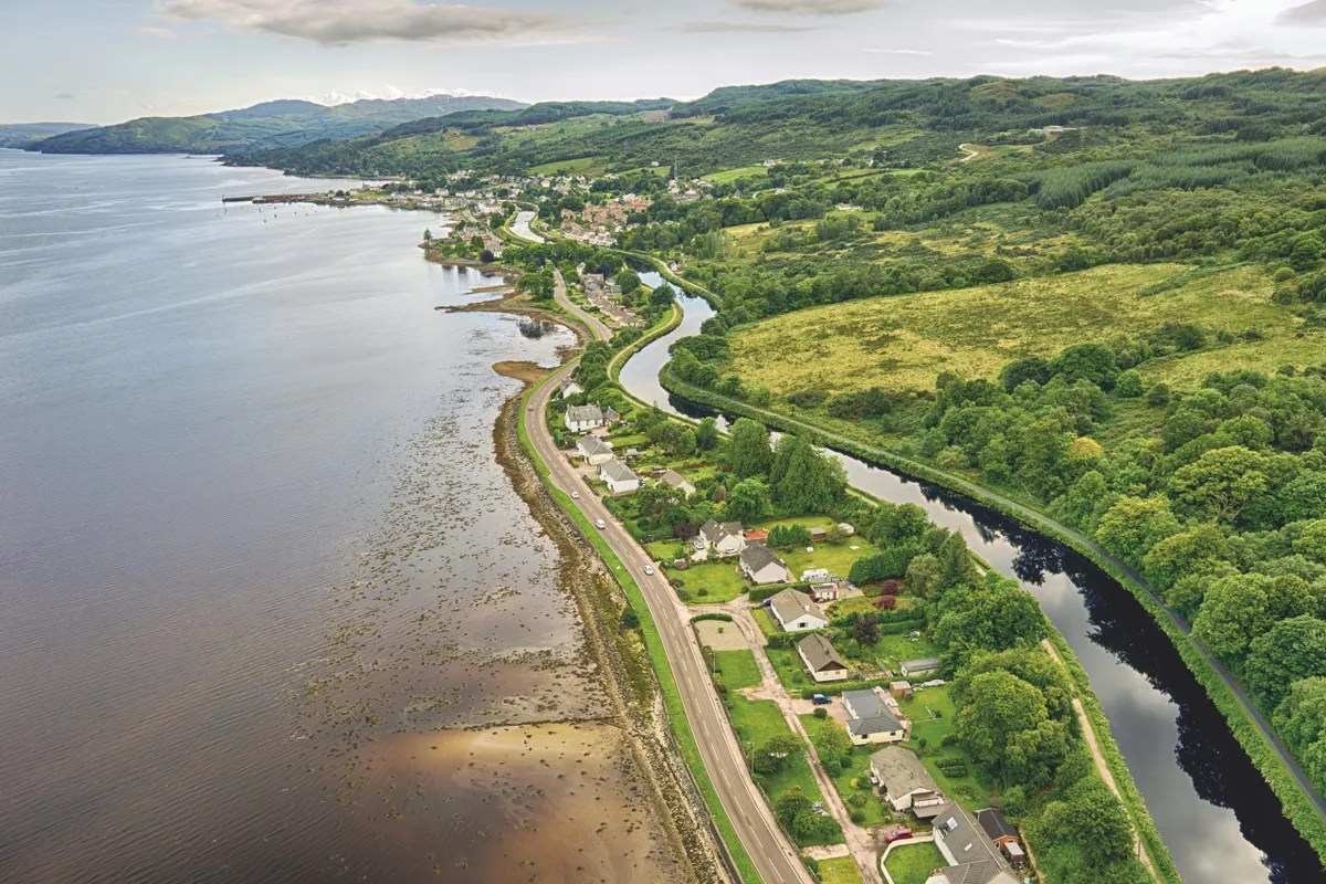 Aerial view of Crinan Canal, looking south along Loch Fyne to Ardrishaig from Lochgilphead