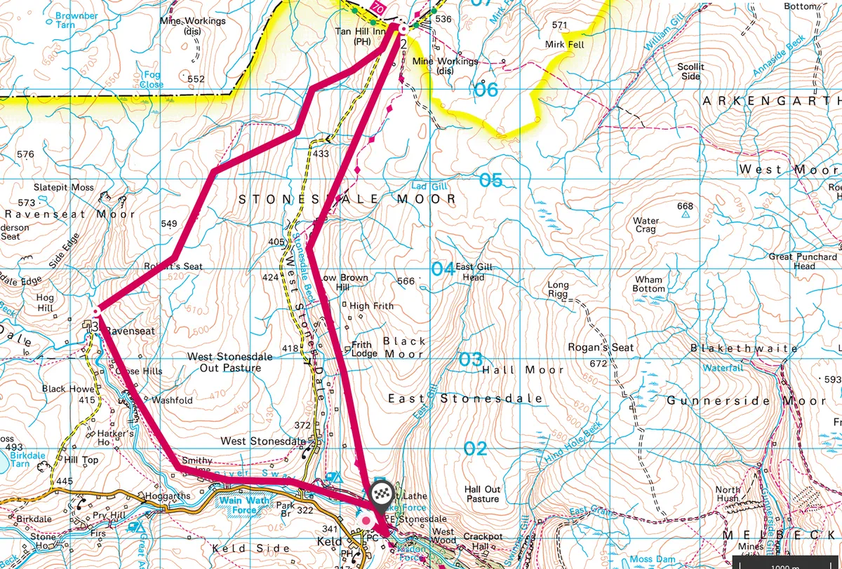 Keld and Stonesdale Moor walking route and map.