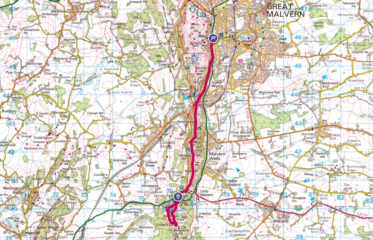 Malvern Hills walking route and map
