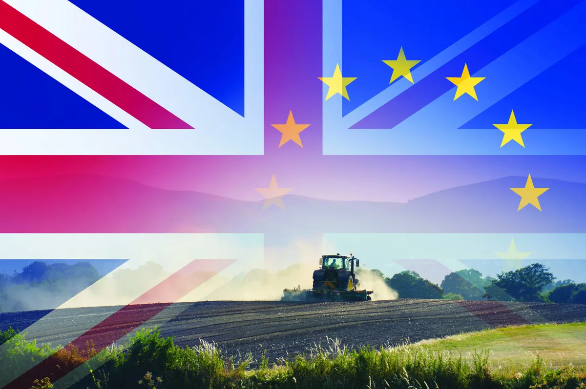 Brexit concept. A tractor ploughing a field in summer With the flags of the Union Jack and the E.U over layered on top.