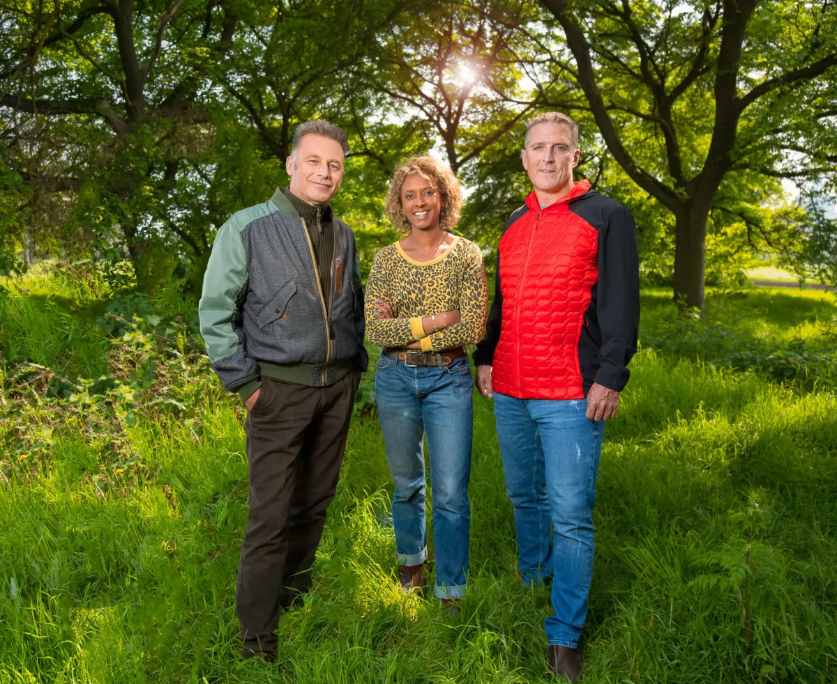 Chris packham, Gillian Burke and Iolo Williams in woodland