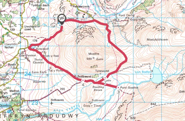 Cwm Nantcol and Cwm Ysgethin walking route and map