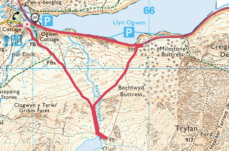 Nant Bochlwyd and Llyn Bochlwyd walking route and map