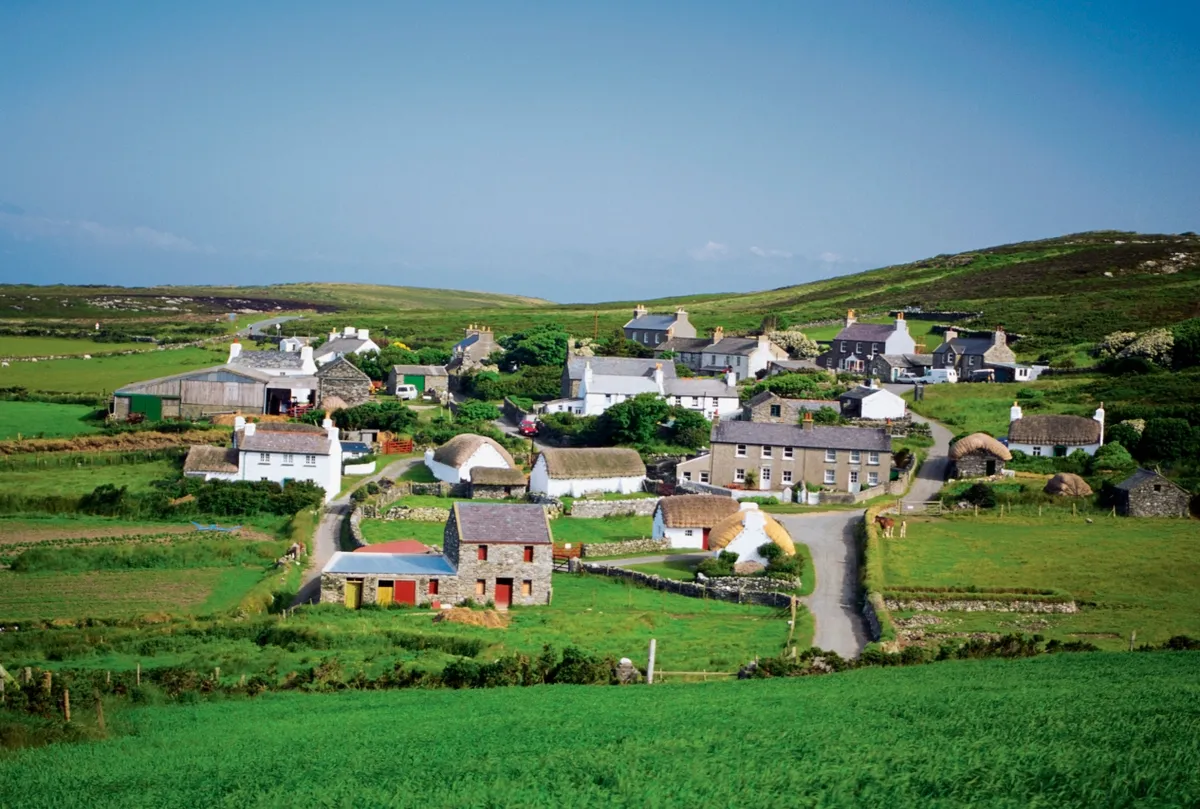 Panoramic view of cottages, Cregnesh, Isle of Man, British Isles