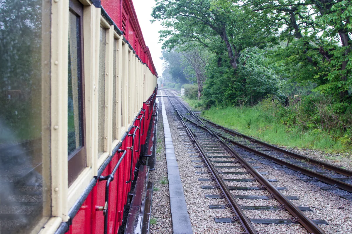 A passengers' view from the window of the Manx railway steam train between Douglas and the south of the island, Port Erin.