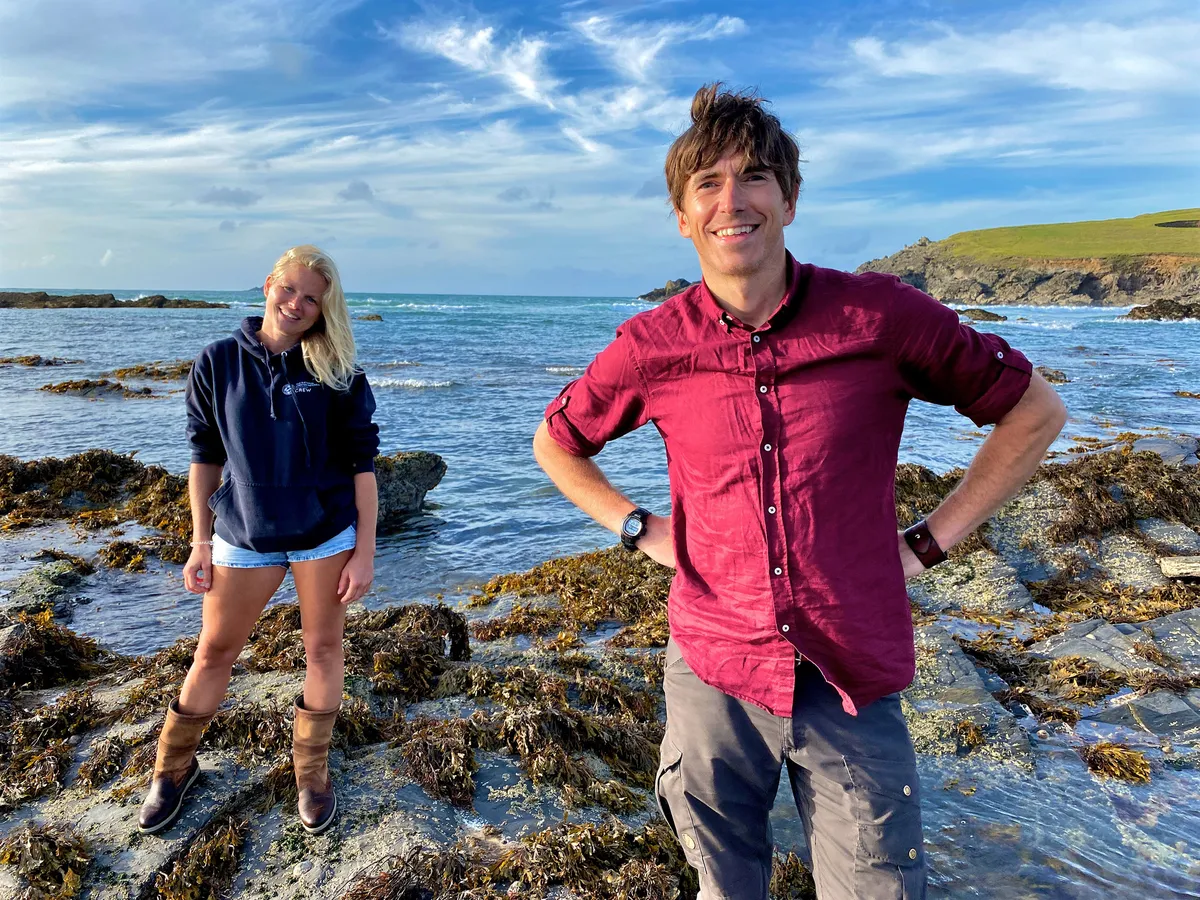 Simon Reeves with Dr Carly Daniels at Lobster Hatchery on the Cornish coast