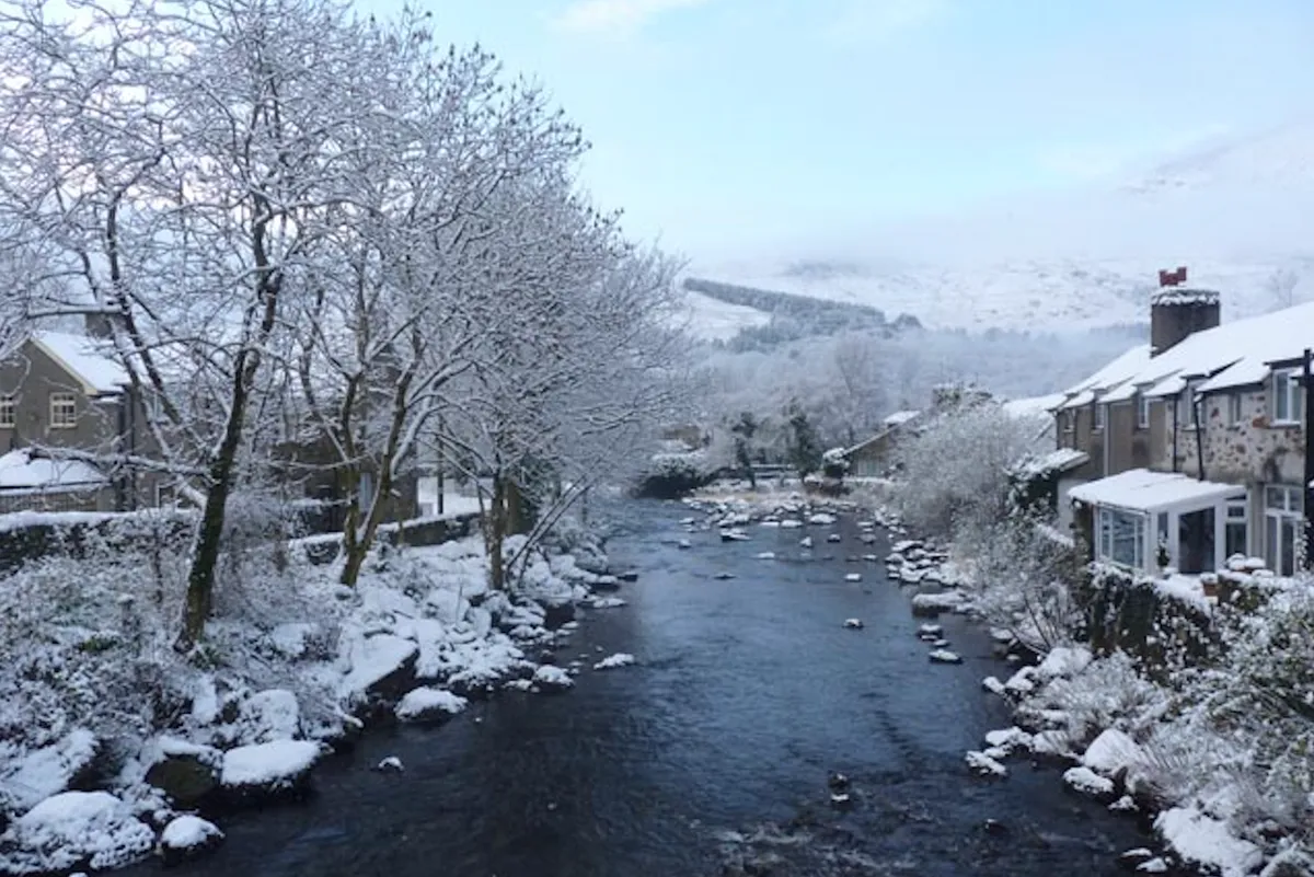 river and village in winter
