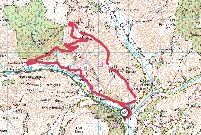 Dinas Mawddwy, Foel Benddin and Y Gribin walking route and map