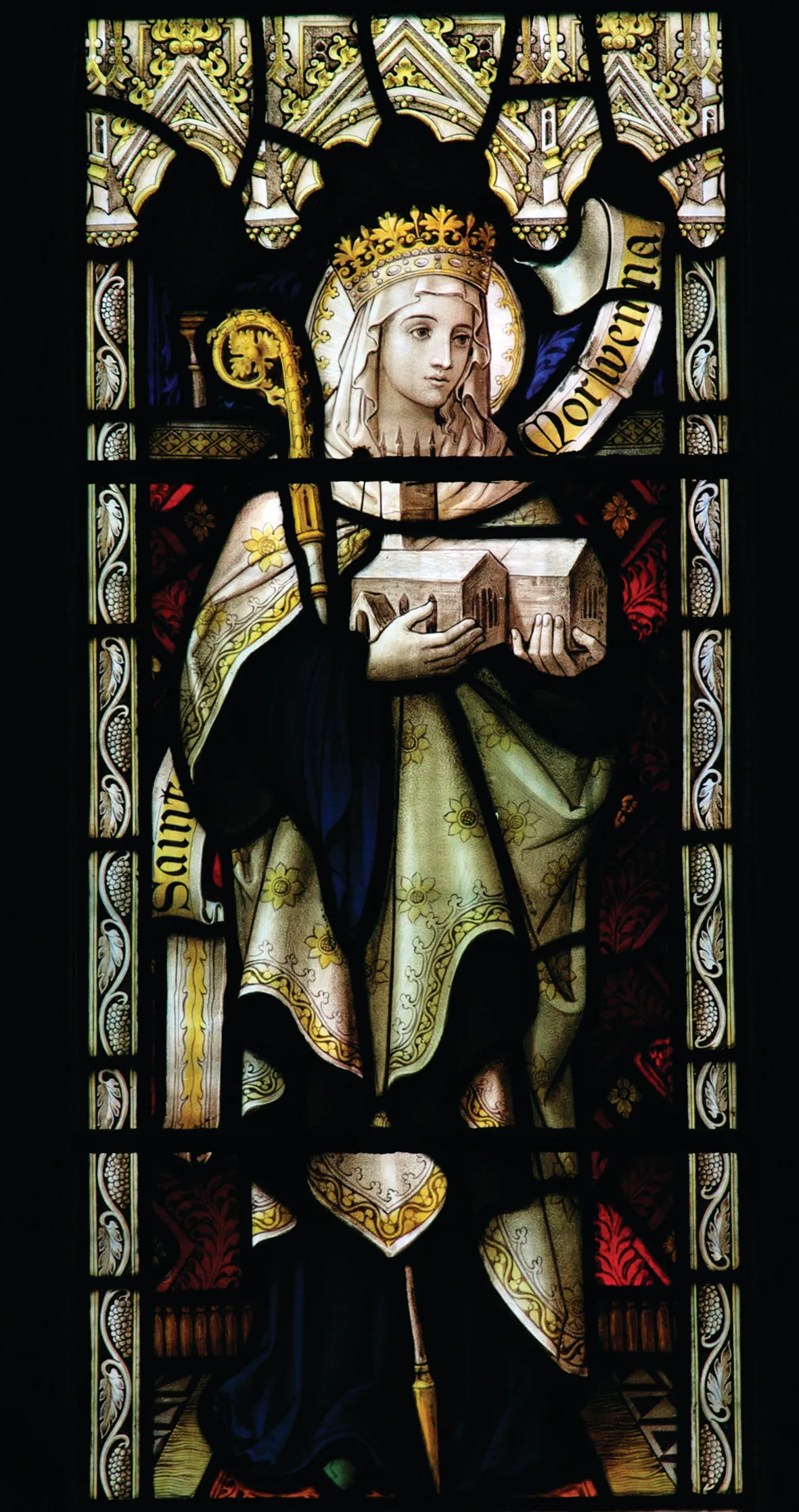 Stained glass window depicting Saint Morwenna, Morwenstow church, Cornwall, England