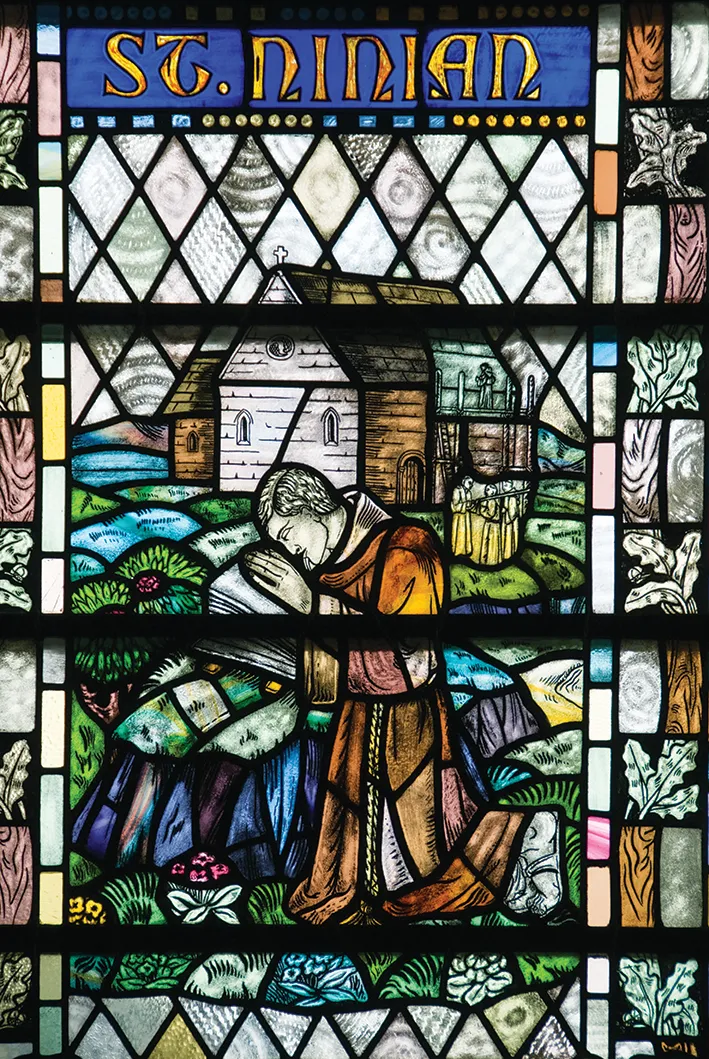 Stained glass window at St Ninian's Chapel, Whithorn Priory, Whithorn, Dumfries and Galloway, Scotland, UK