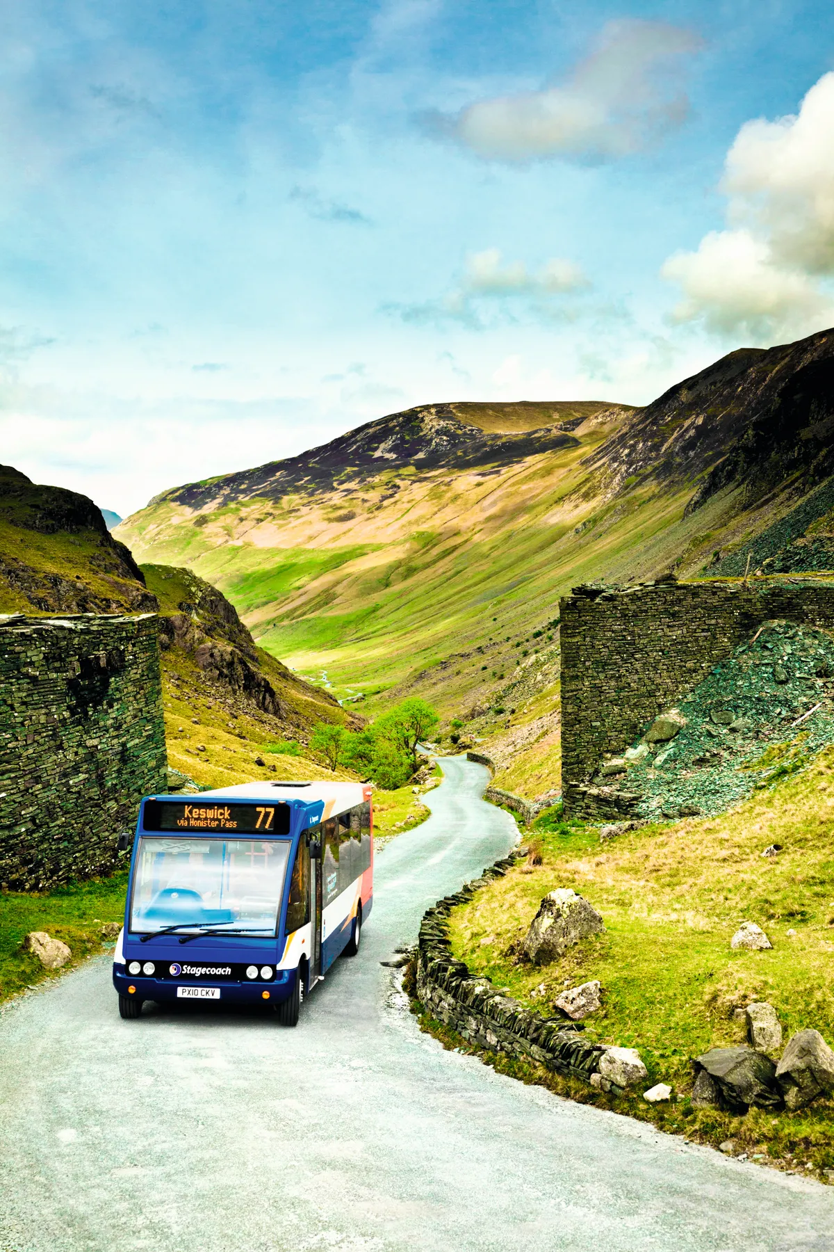 Rural community bus service to Keswick via Honister Pass, the Lake District, England, UK