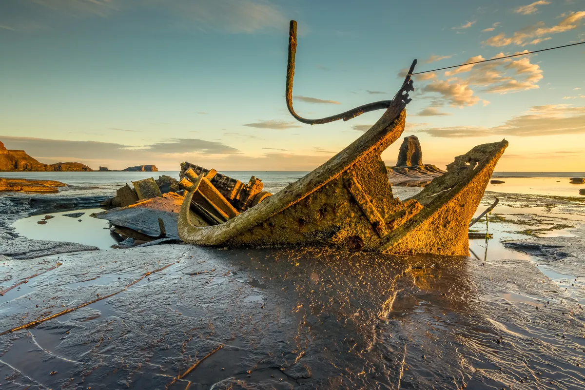 Wreck of the fishing trawler Admiral Von Tromp at Saltwick Bay near whitby, North Yorkshire, England.