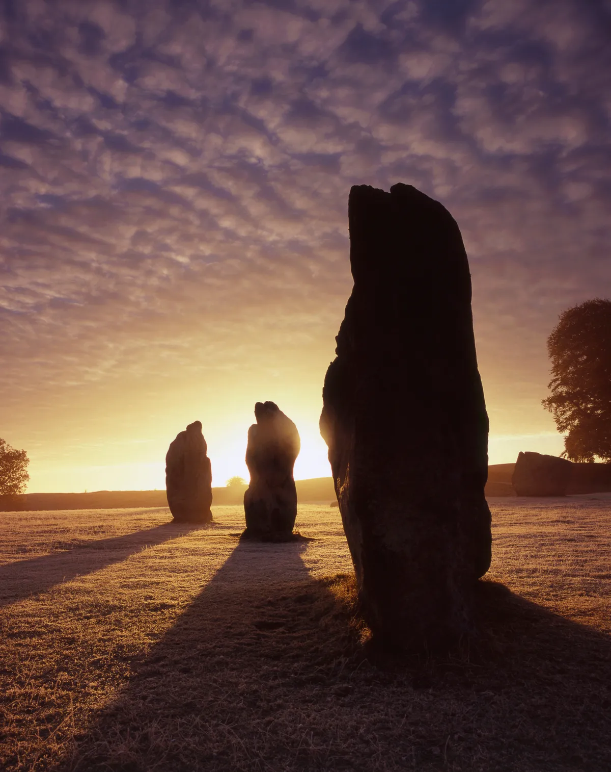 A dramatic sunrise behind the Standing Stones at Avebury in Wiltshire.