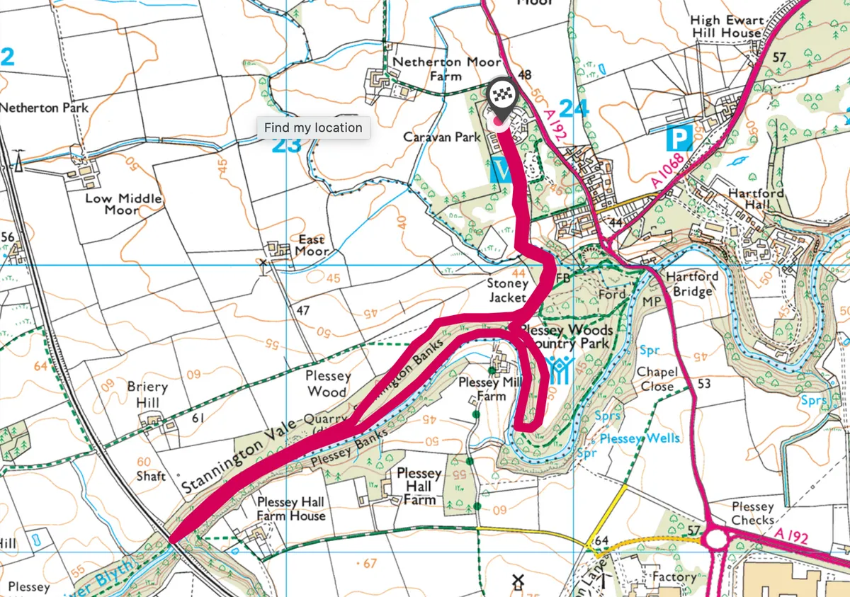 Plessey Woods County Park walking route and map