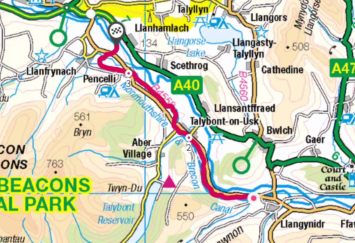 Llangynidr to Pencelli walking route and map