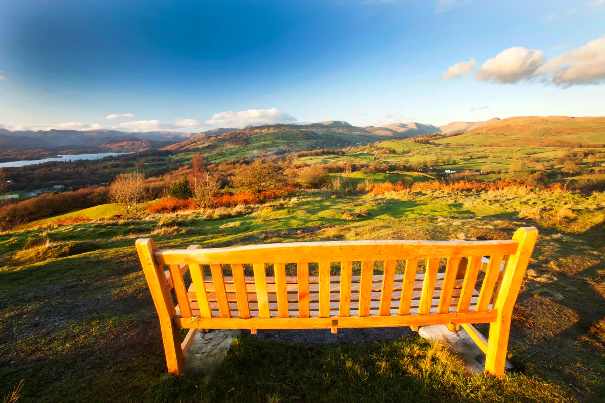 A memorial seat on Orrest Head above Windermere in the Lake District