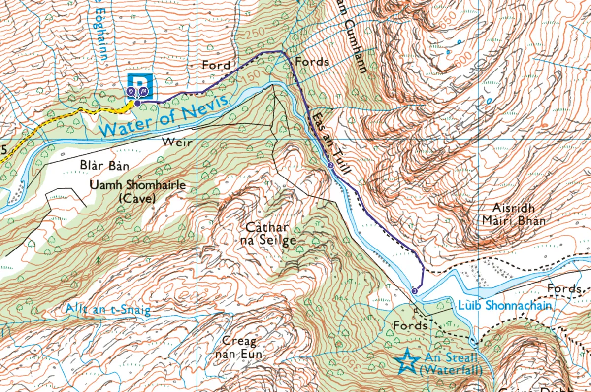 Glen Nevis and Steall Falls walking route and map
