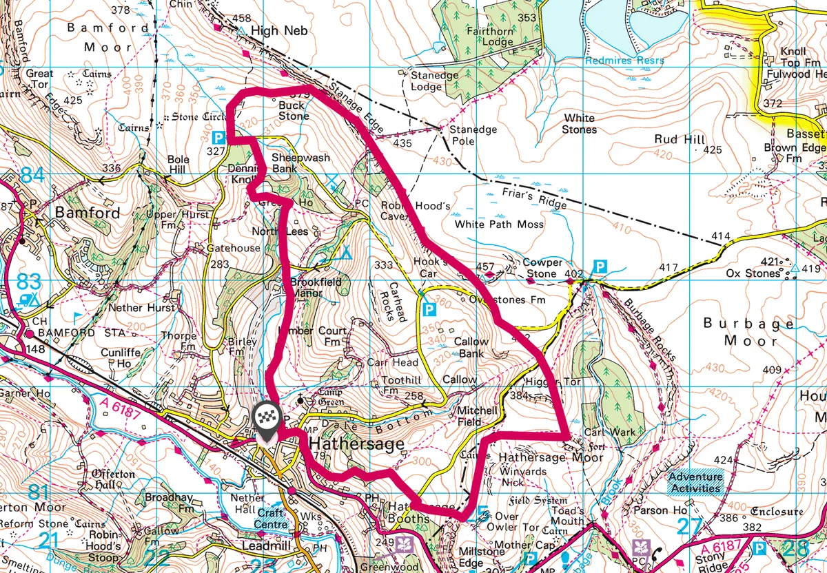 Hathersage, Stanage Edge and Higger Tor walking route and map