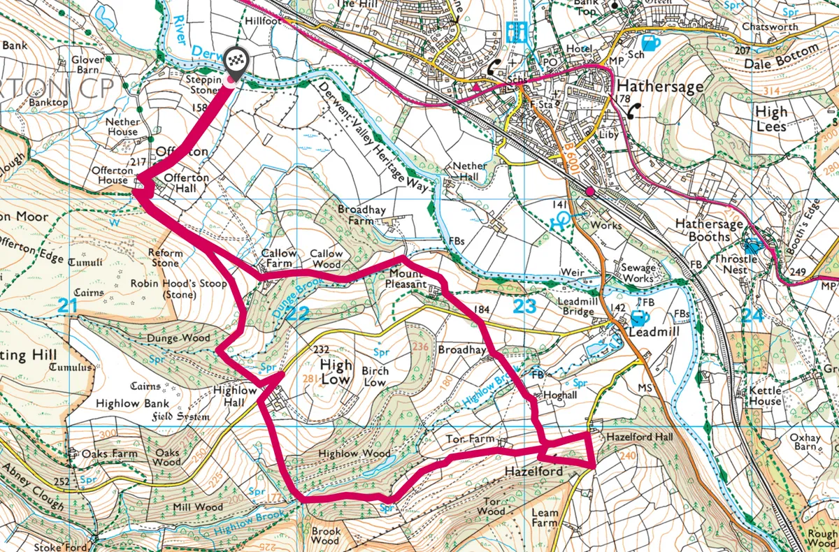 Hathersage and High Low walking route and map