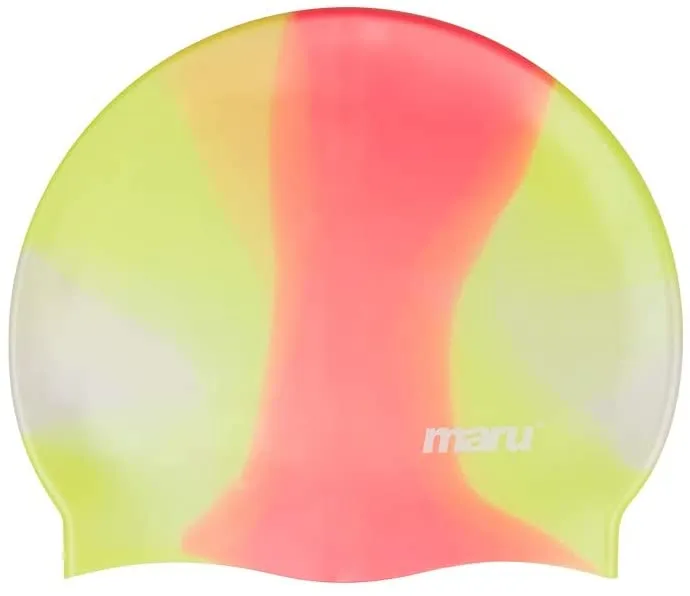 A yellow and pink swimming cap on a white background.