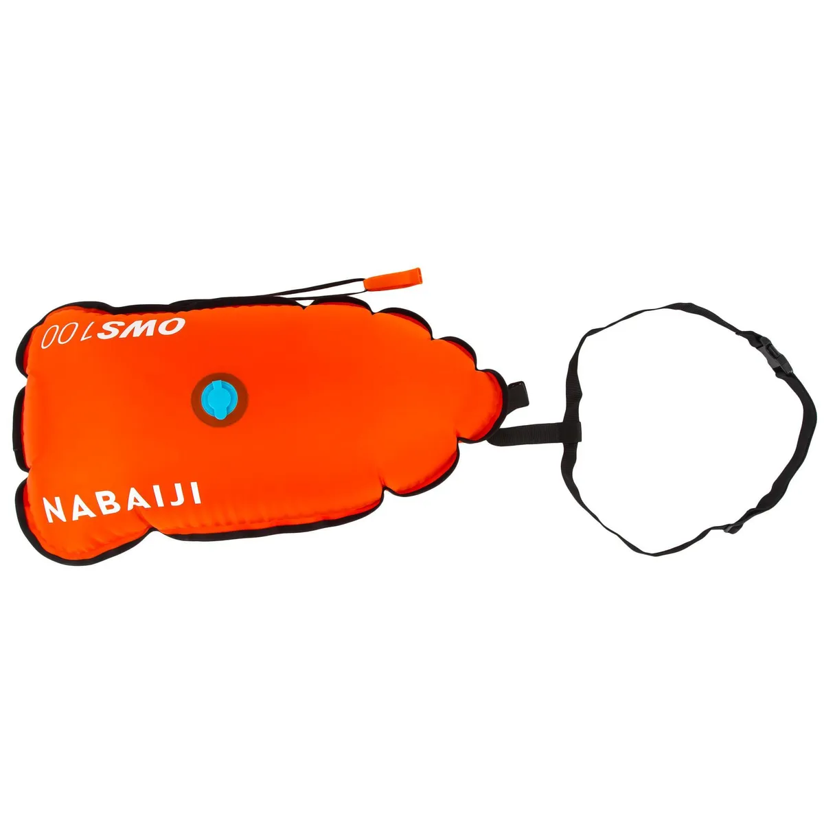 An orange inflatable tow float with a black cord on a white background.