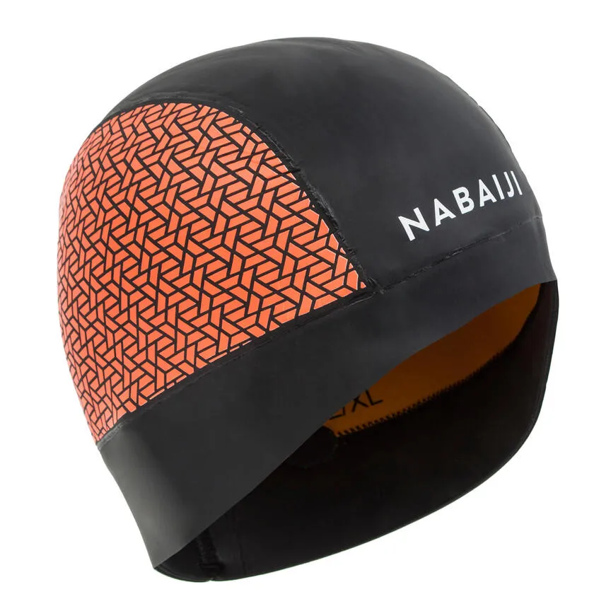 A black and orange swimming cap on a white background.
