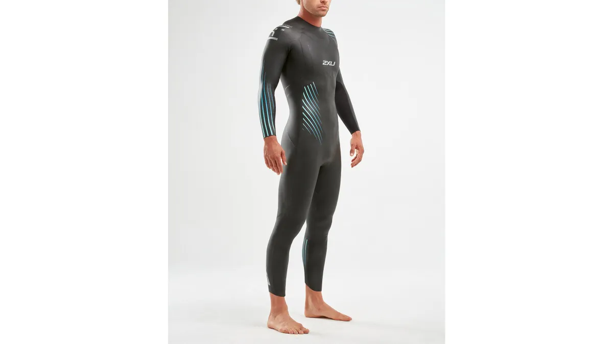 A man in a wetsuit on a white background.