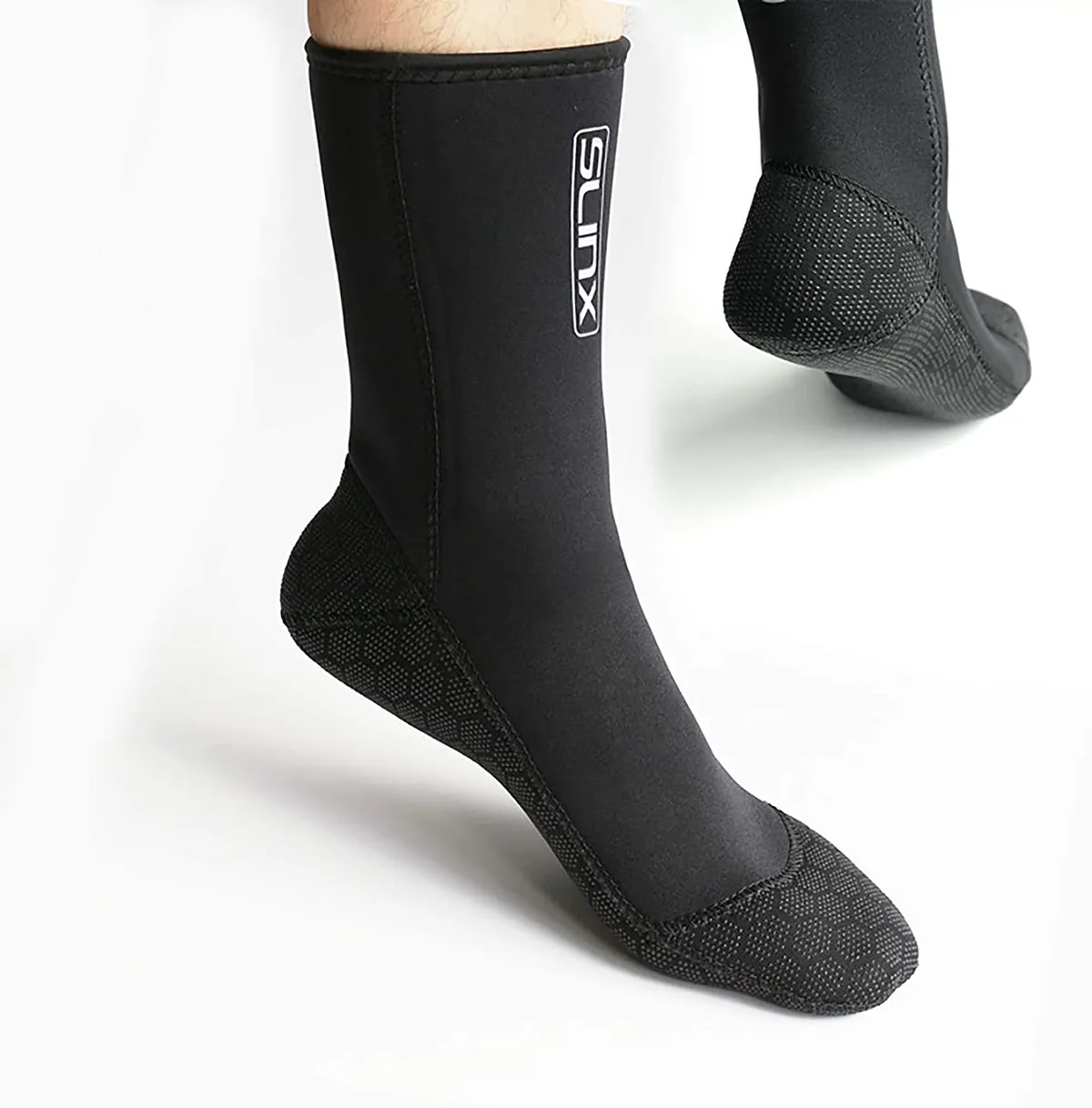 Black swimming socks on a white background.