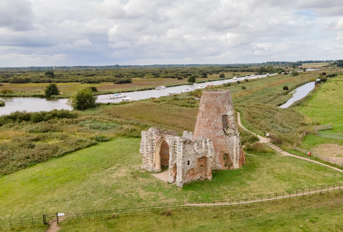 St Benets Abbey on the River Bure in the Norfolk Broads on a cloudy day