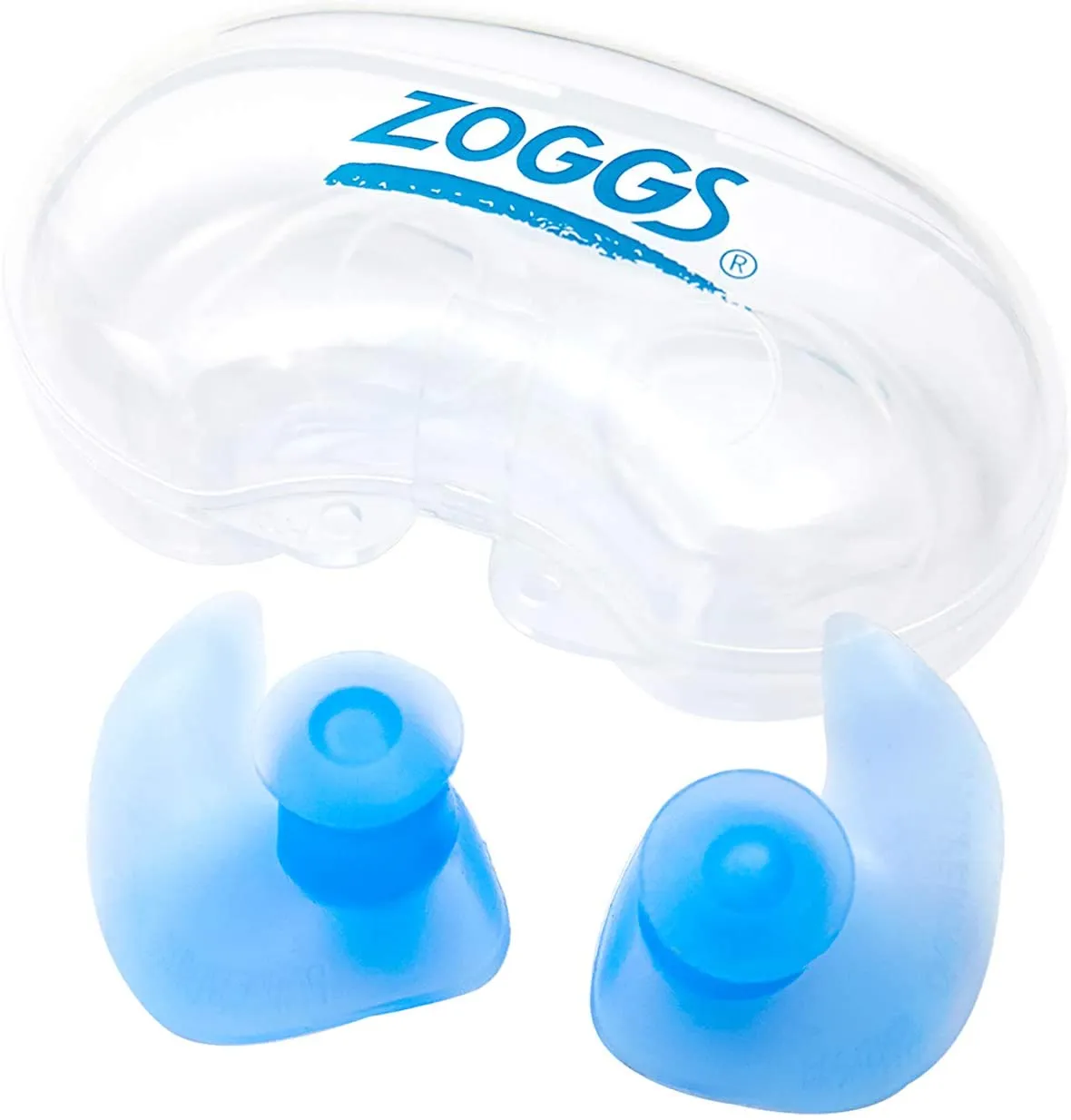 A pair of transparent and blue ear plugs on a white background.