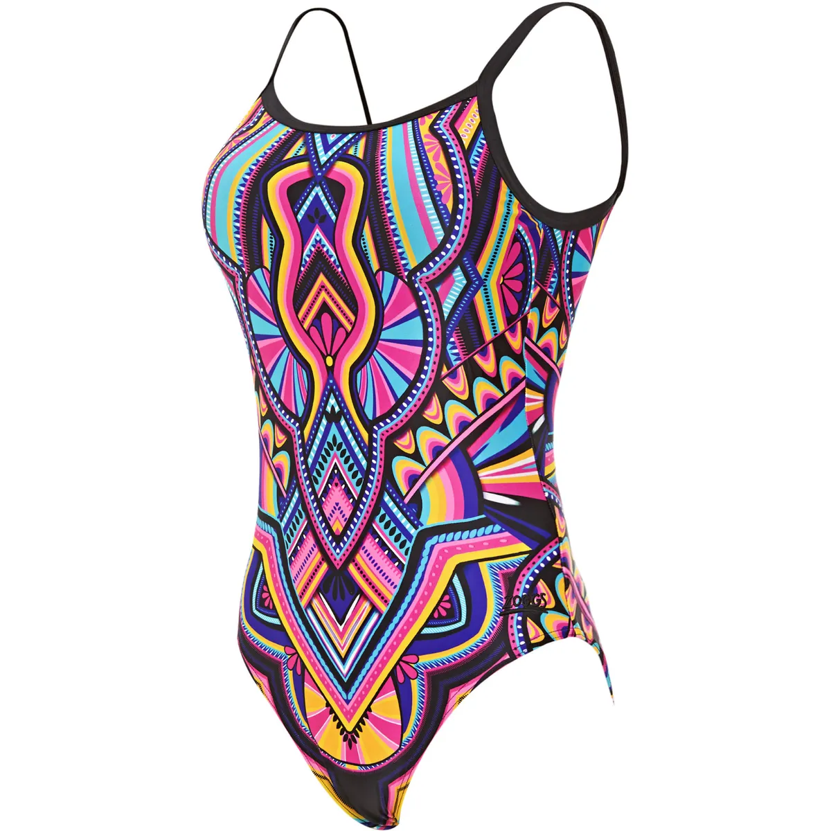A multi-coloured swimming costume on a white background.