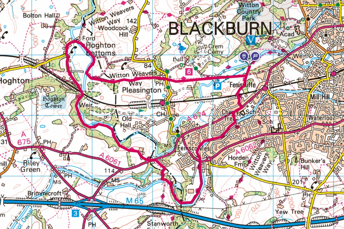Blackburn to Hoghton Bottoms walking route and map