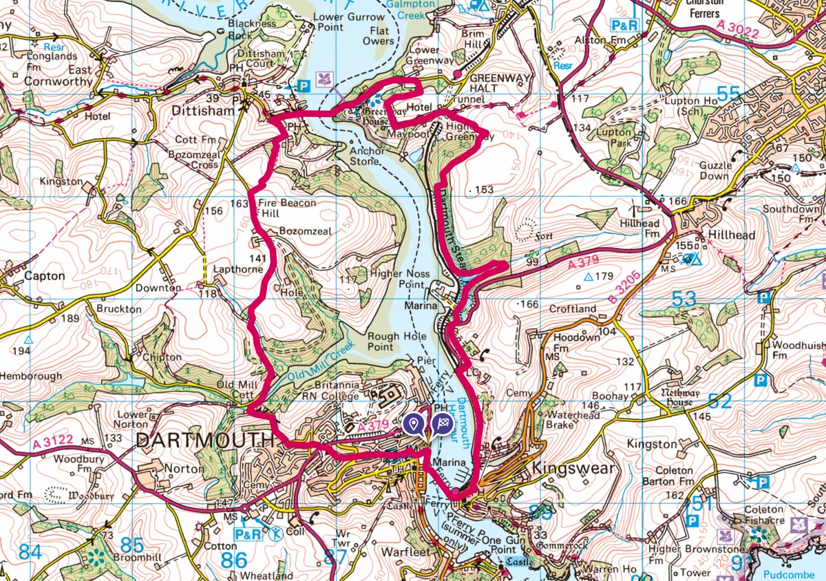 Dartmouth to Dittisham walking route and map