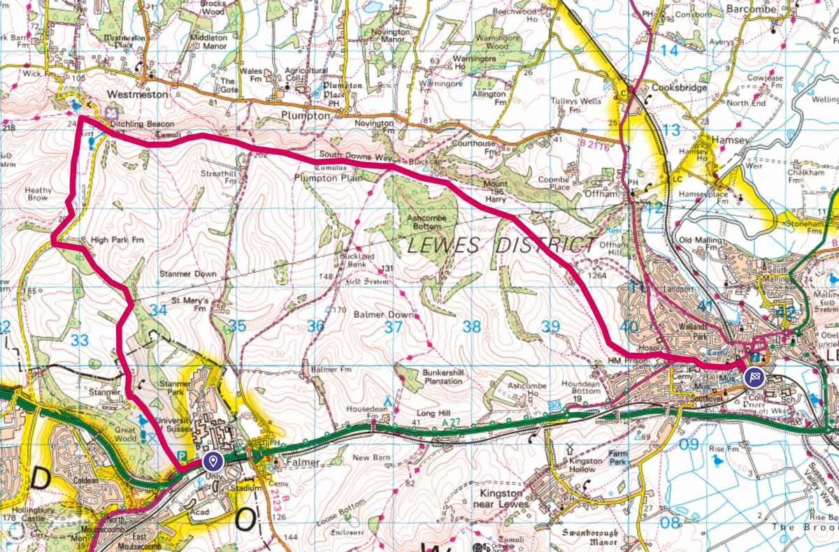 Falmer to Lewes walking route and map