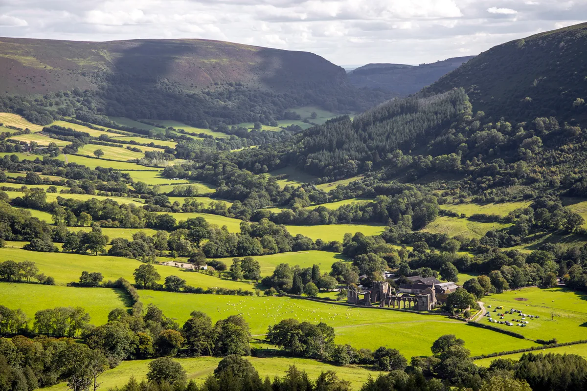 Llanthony Priory and surrounding fields in summer