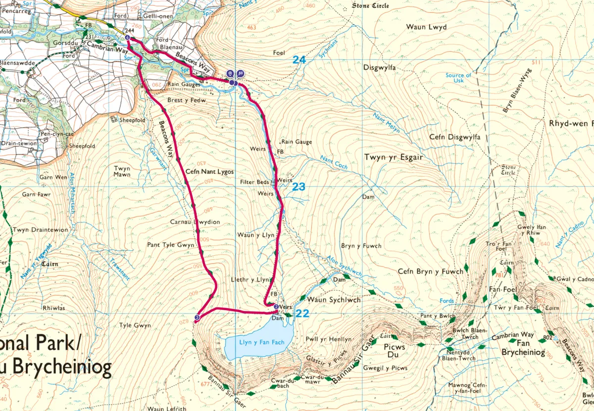 Llyn y Fan Fach walking route and map
