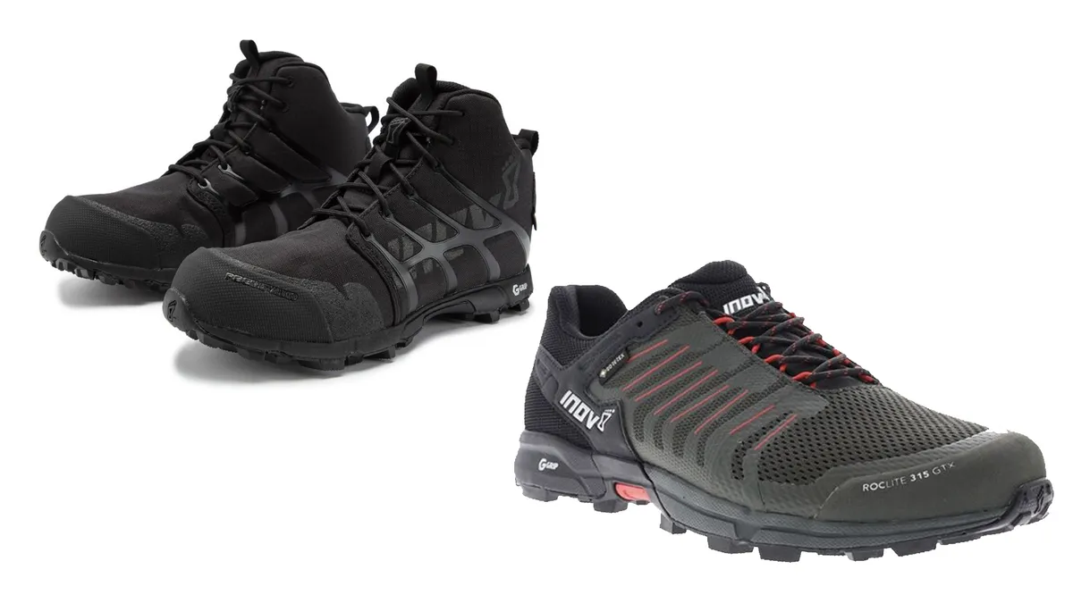 Inov-8 running shoes and walking boots on a white background