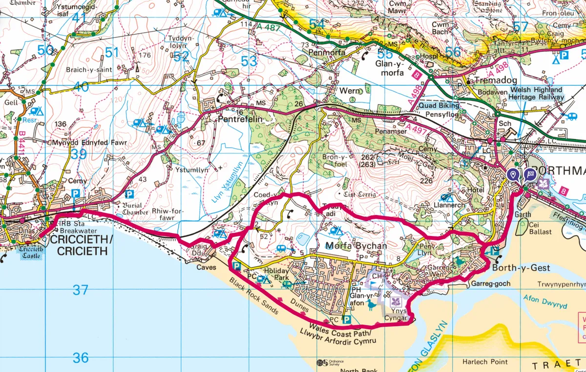 Porthmadog to Criccieth walking route and map
