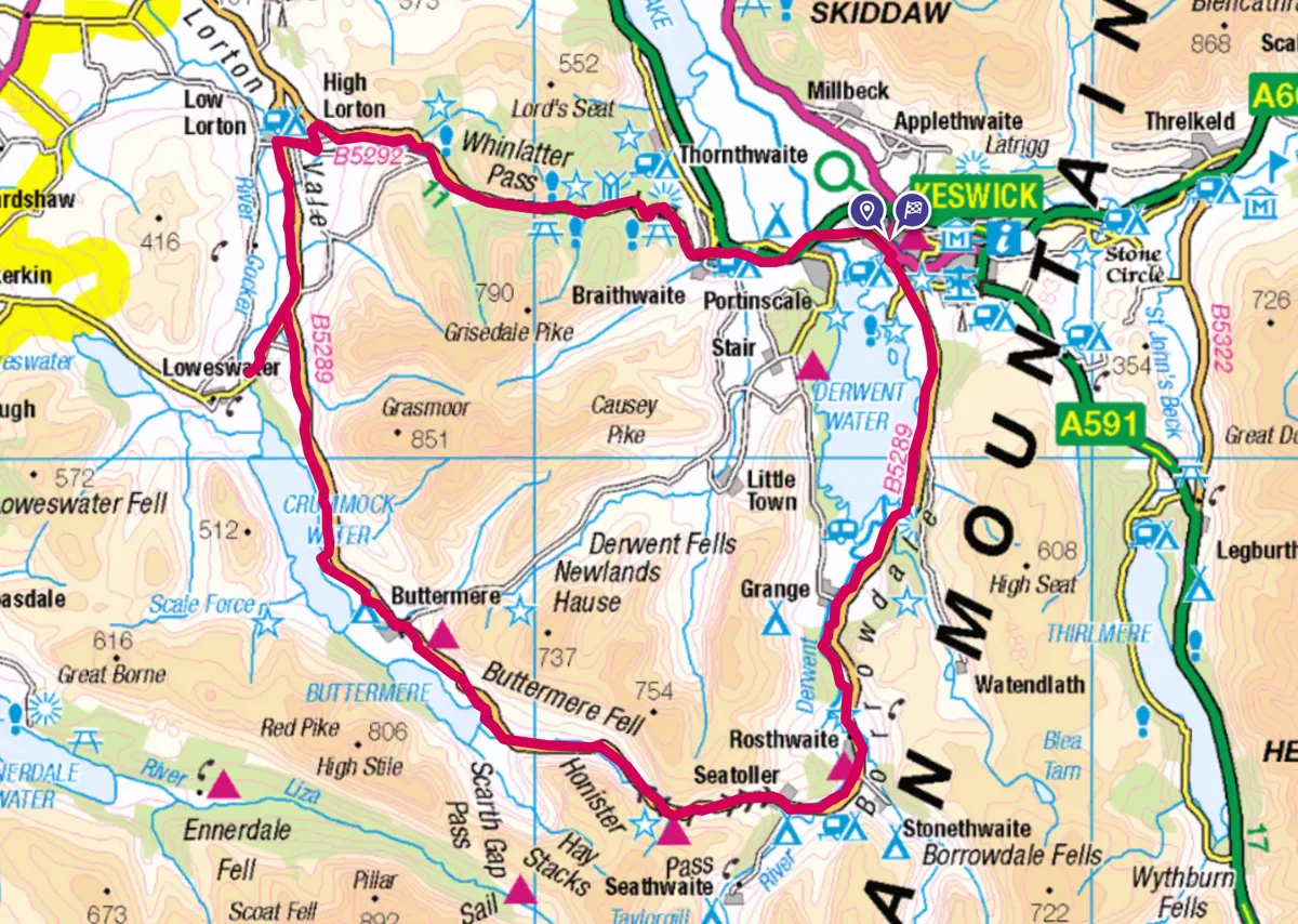 Keswick, Whinlatter Pass and Crummock Water bike route and map