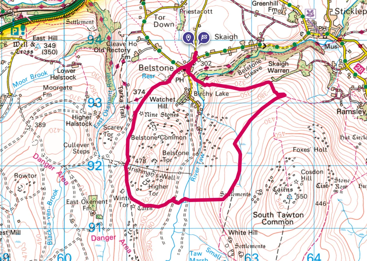 Belstone walking route and map