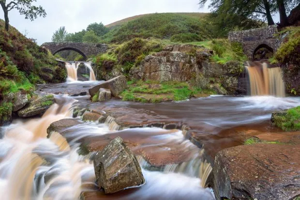 Three Shires Head waterfall on a cloudy day
