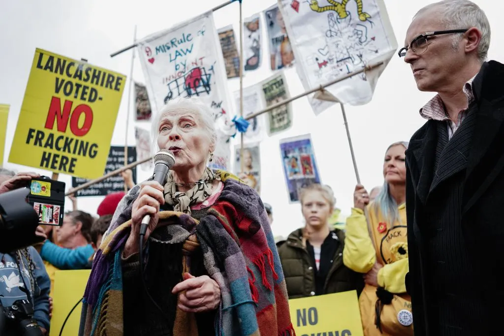 ivien Westwood speaks at an anti fracking march outside a fracking site in Lancashire in 2018