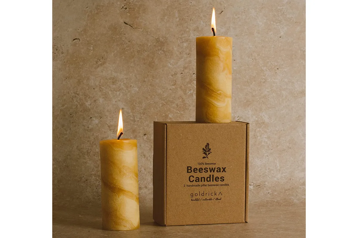 Two beeswax candles and box
