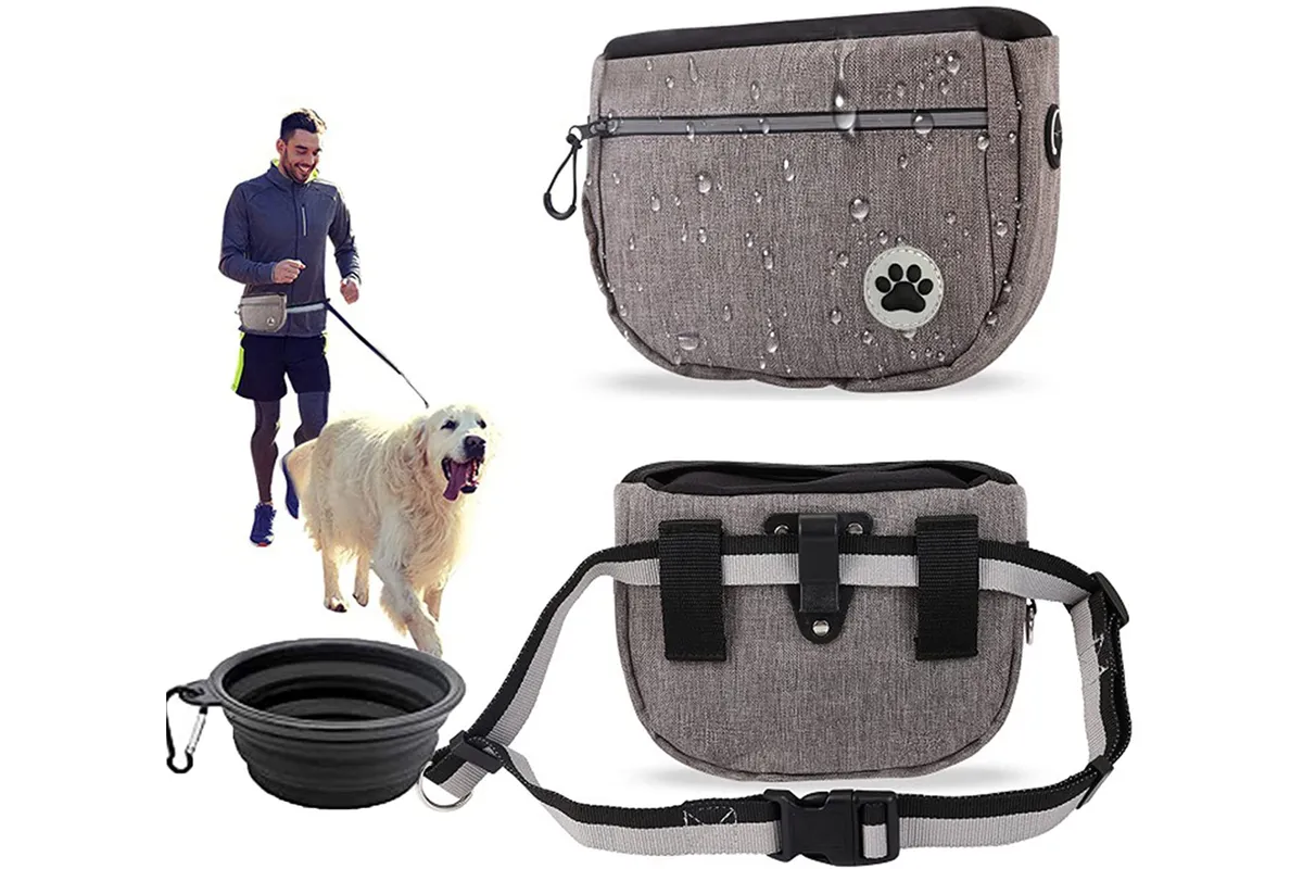 Pet Dog Treat Pouch Waist Bag, front and back with dog bowl and man walking dog