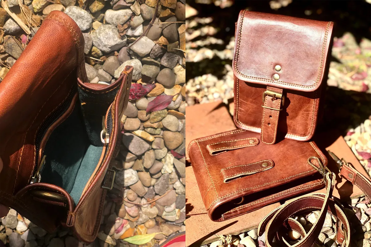 Small leather dog walking bag, from the inside and outside